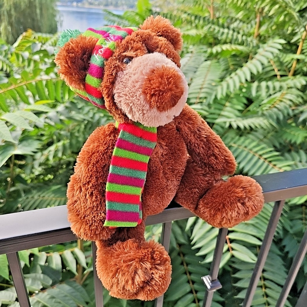 Fossil Brown Bear Green Striped Hat Scarf Plush Stuffed Animal Toy 13" CLEAN